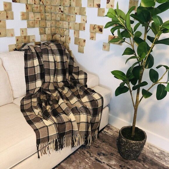 Vintage Pendleton Throw Wool Blanket Plaid With Fringes Brown  70"  X  53" - Picture 2 of 9